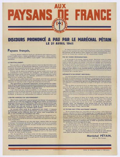 Aux paysans de France. Discours prononcé à Pau par le Maréchal Pétain le [20] avril 1941 / Maréchal Pétain, chef de l'Etat français.